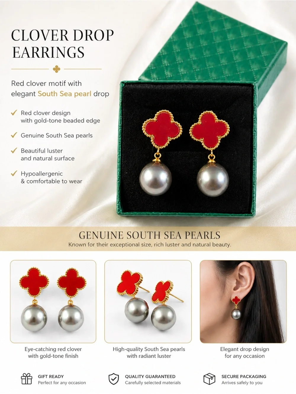 New Red Clover Drop Earrings with Gray South Sea Pearl Dangles